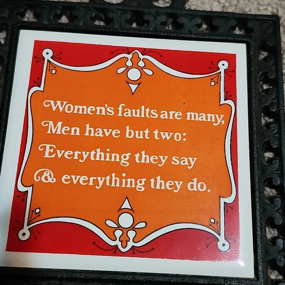 Vintage Cast Iron Trivet Or Hotpot with Orange Quote Tile